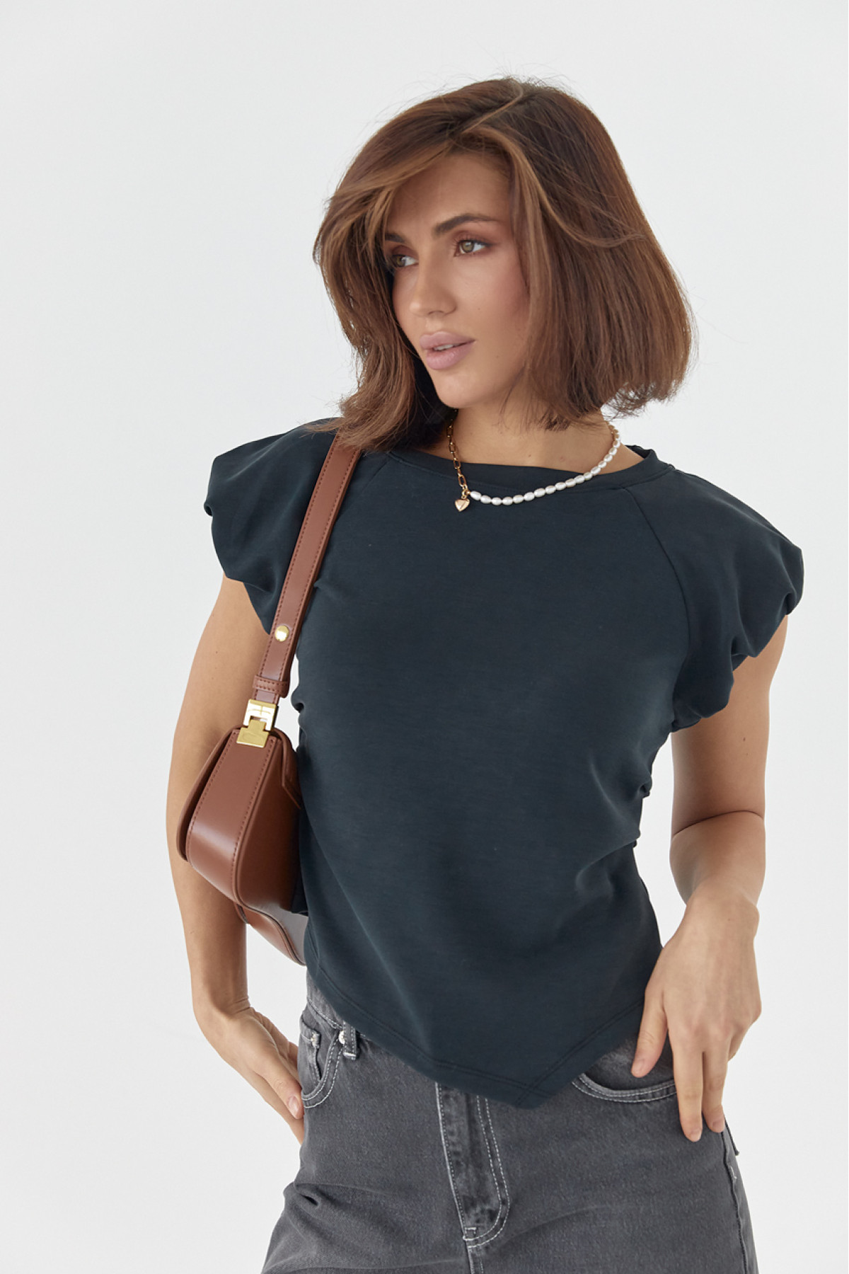 Жіноча футболка з пишними рукавами  темносиній колір