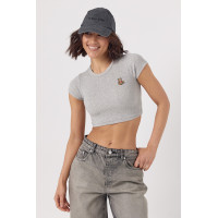 Жіноча коротка футболка в рубчик із ведмедиком  сірий колір