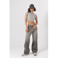 Жіноча коротка футболка в рубчик із ведмедиком  сірий колір