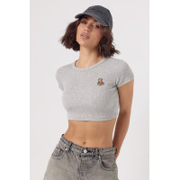 Жіноча коротка футболка в рубчик із ведмедиком  сірий колір