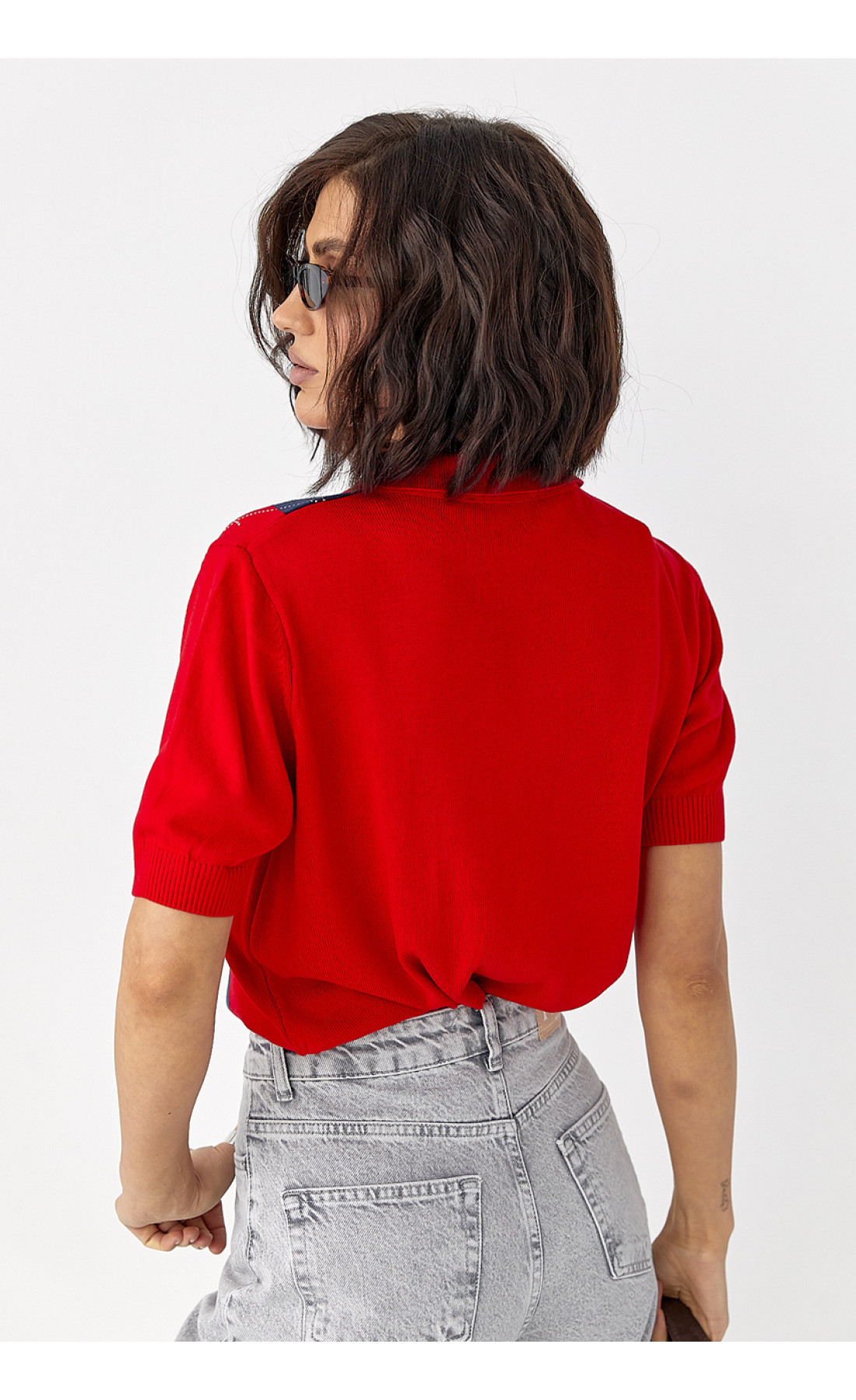 В'язана футболка поло з ромбами  червоний колір