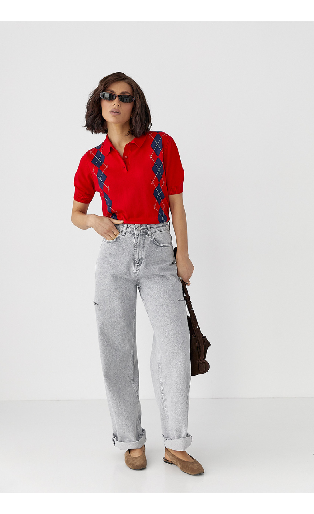 В'язана футболка поло з ромбами  червоний колір