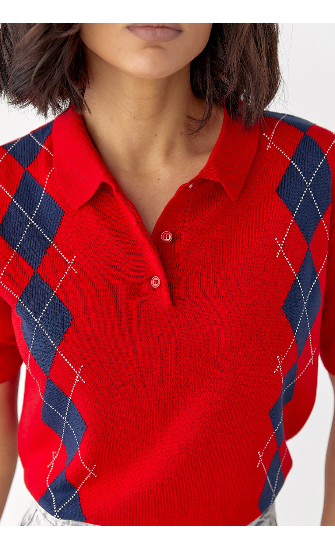 В'язана футболка поло з ромбами  червоний колір