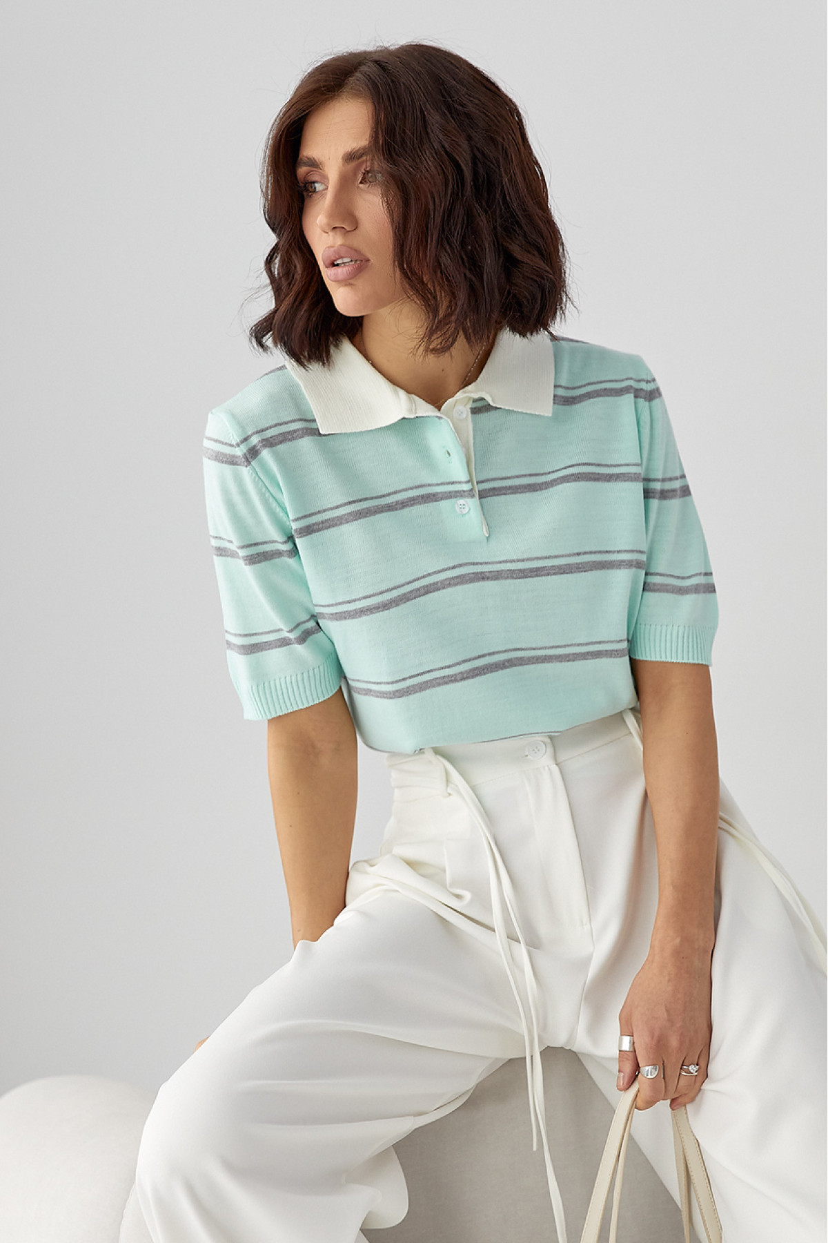 В'язане поло в смужку  бірюзовий колір