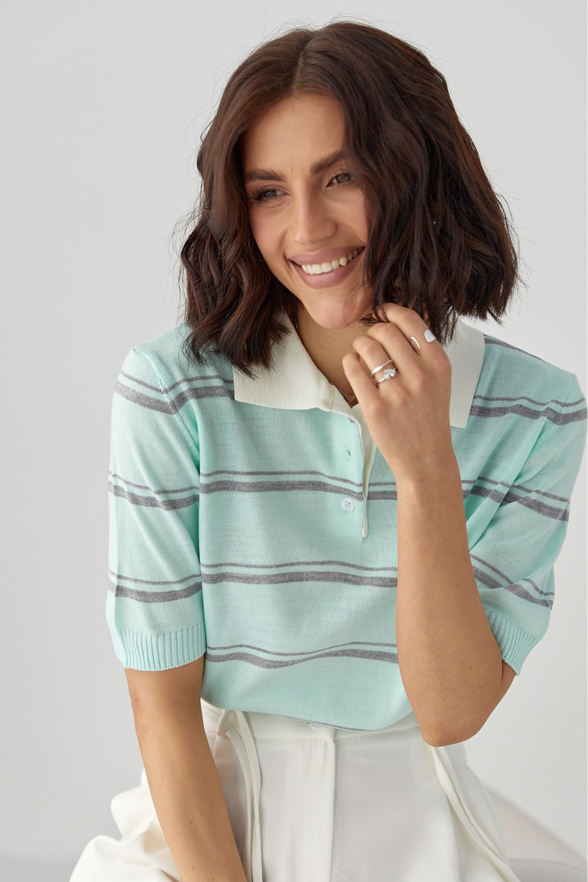 В'язане поло в смужку  бірюзовий колір