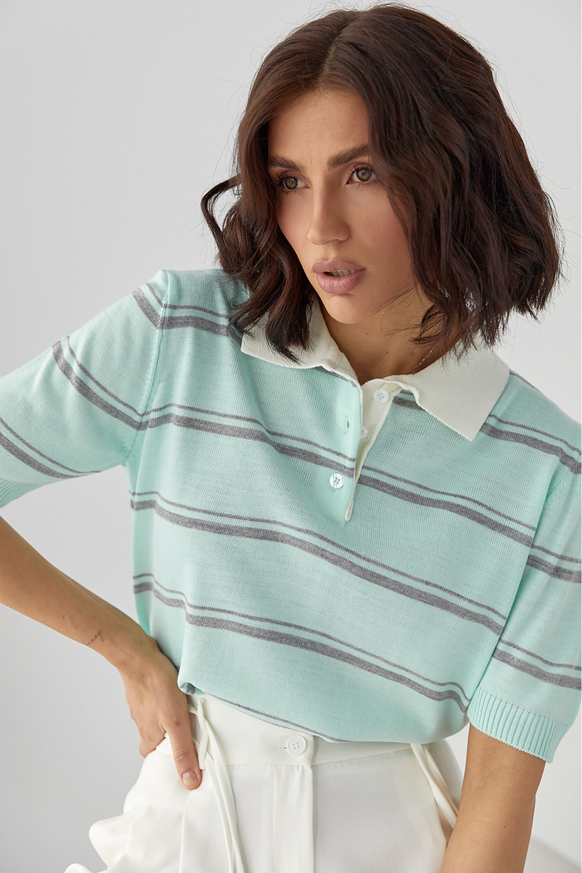 В'язане поло в смужку  бірюзовий колір