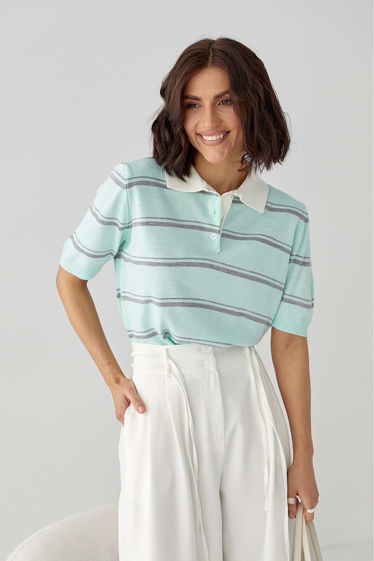 В'язане поло в смужку  бірюзовий колір