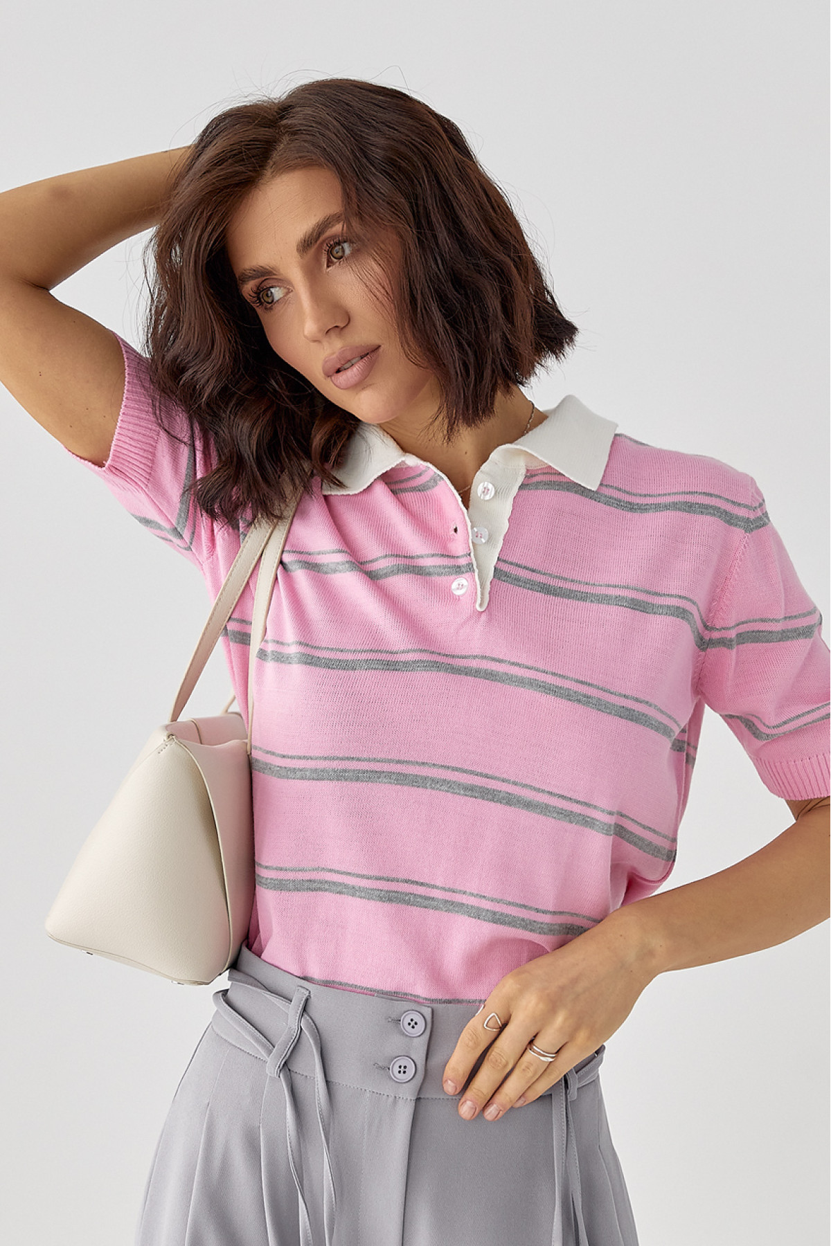 В'язане поло в смужку  рожевий колір