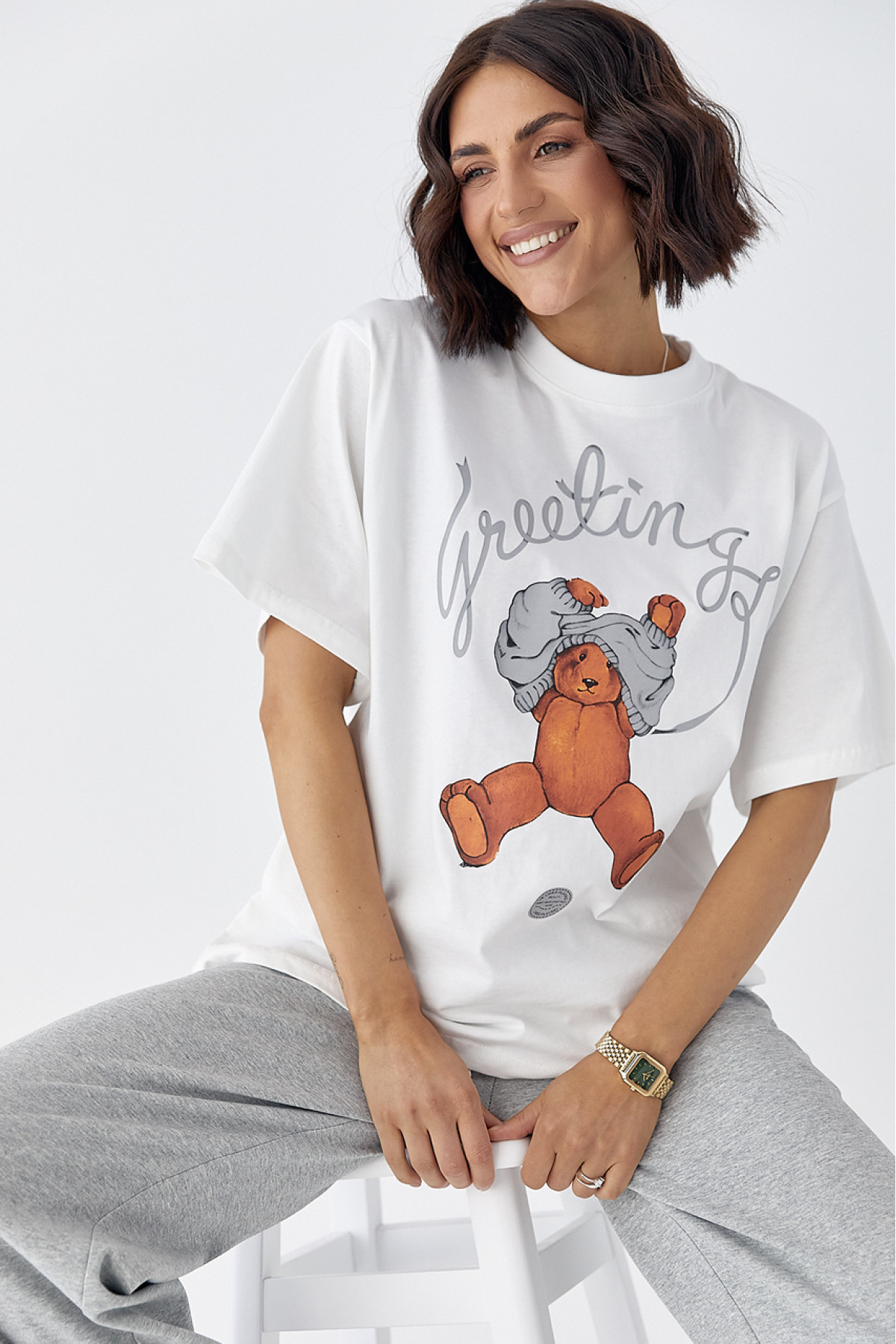 Бавовняна футболка з ведмедиком  білий колір