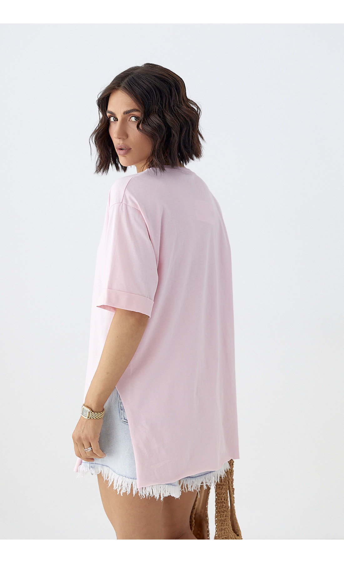 Футболка з ведмедиком і розрізами з боків  рожевий колір