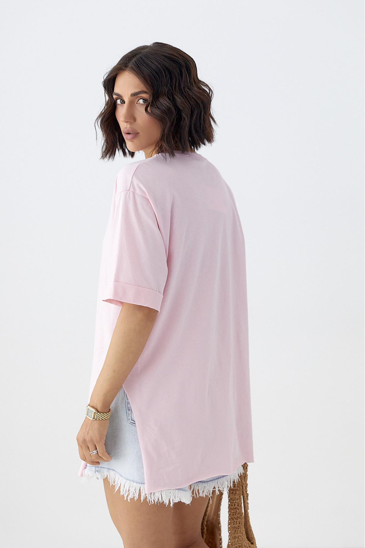 Футболка з ведмедиком і розрізами з боків  рожевий колір