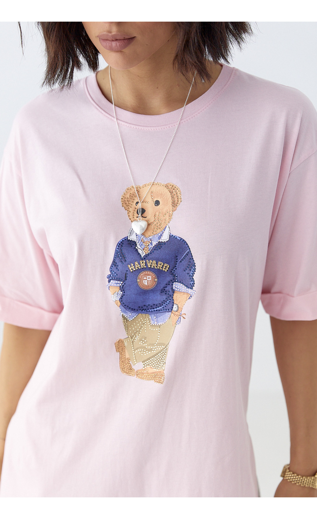 Футболка з ведмедиком і розрізами з боків  рожевий колір