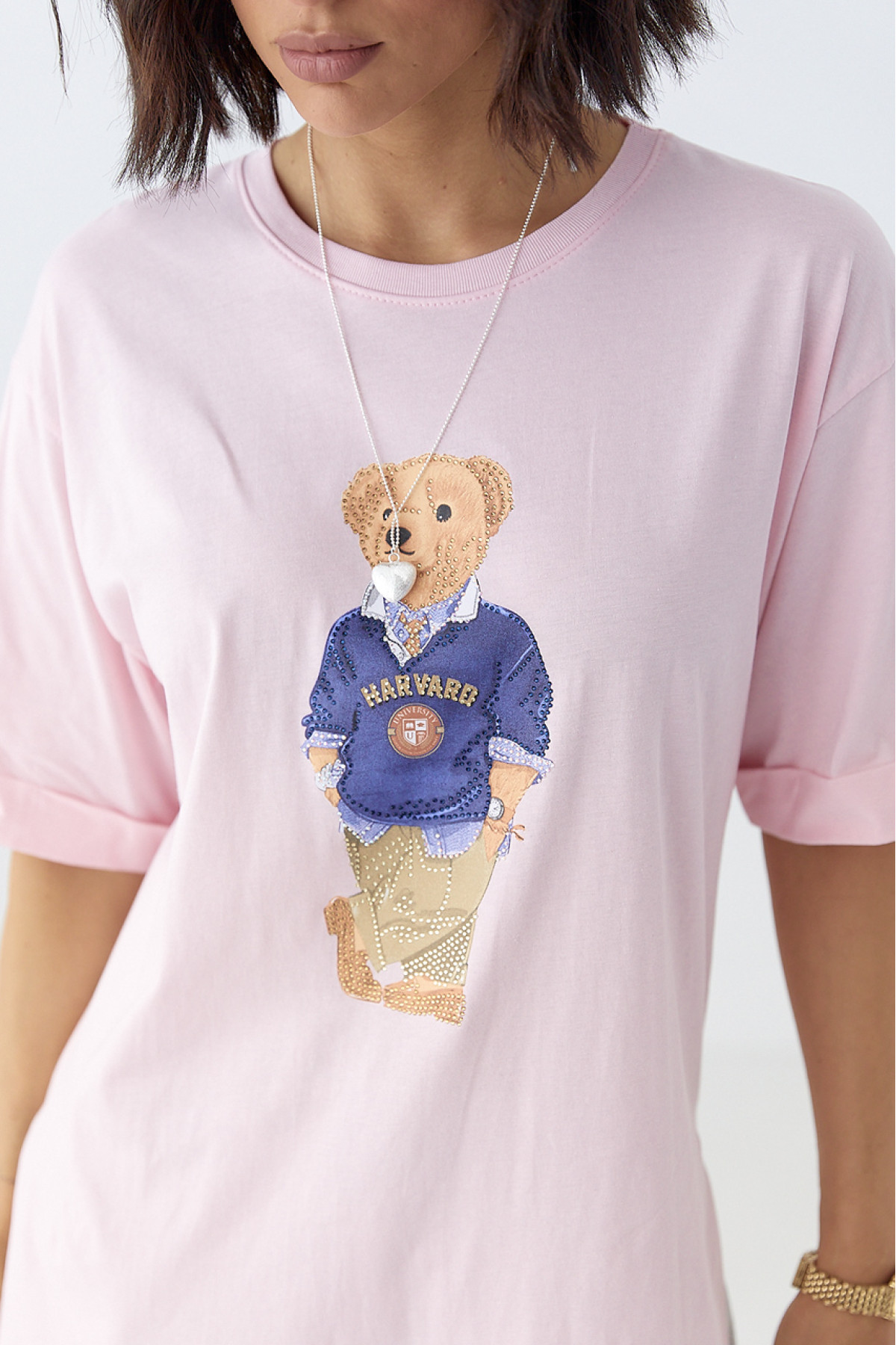 Футболка з ведмедиком і розрізами з боків  рожевий колір