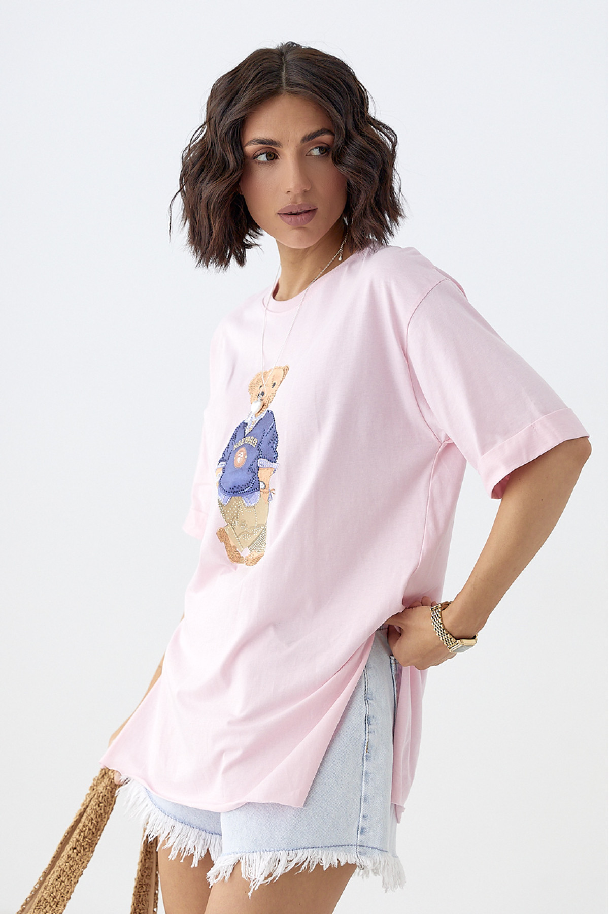 Футболка з ведмедиком і розрізами з боків  рожевий колір