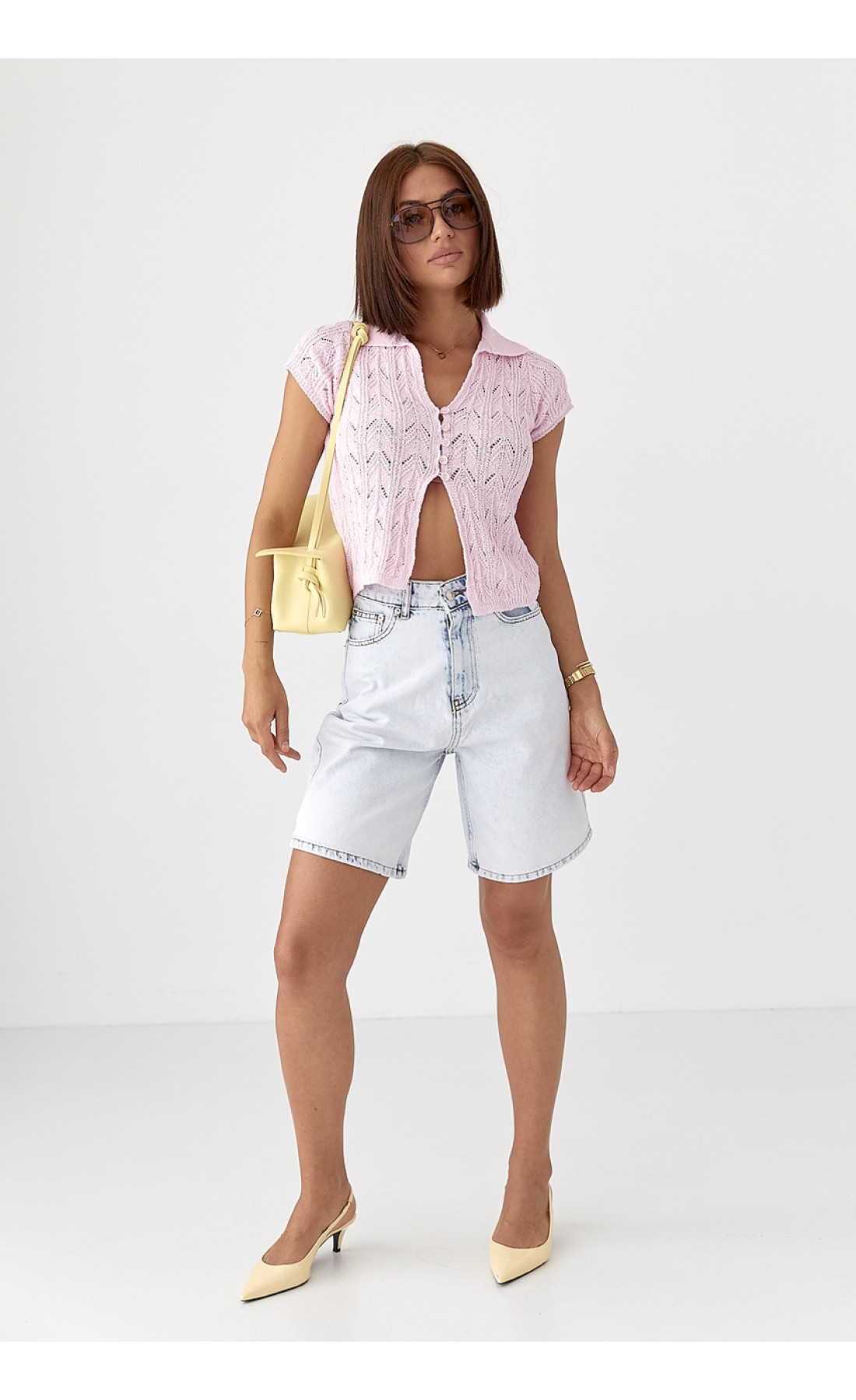 Жіноче поло на ґудзиках з ажурної в'язки  рожевий колір