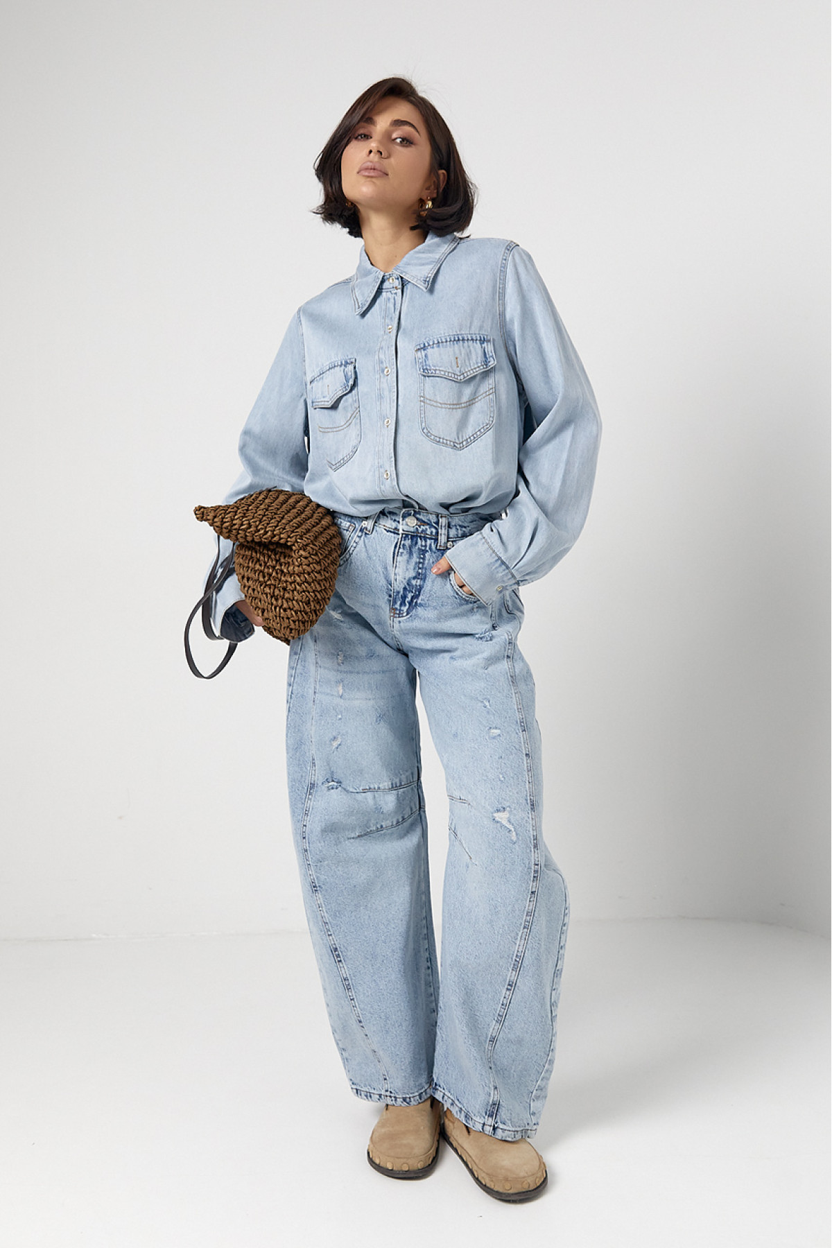 Джинси жіночі  Вaggy з рваним ефектом  блакитний колір