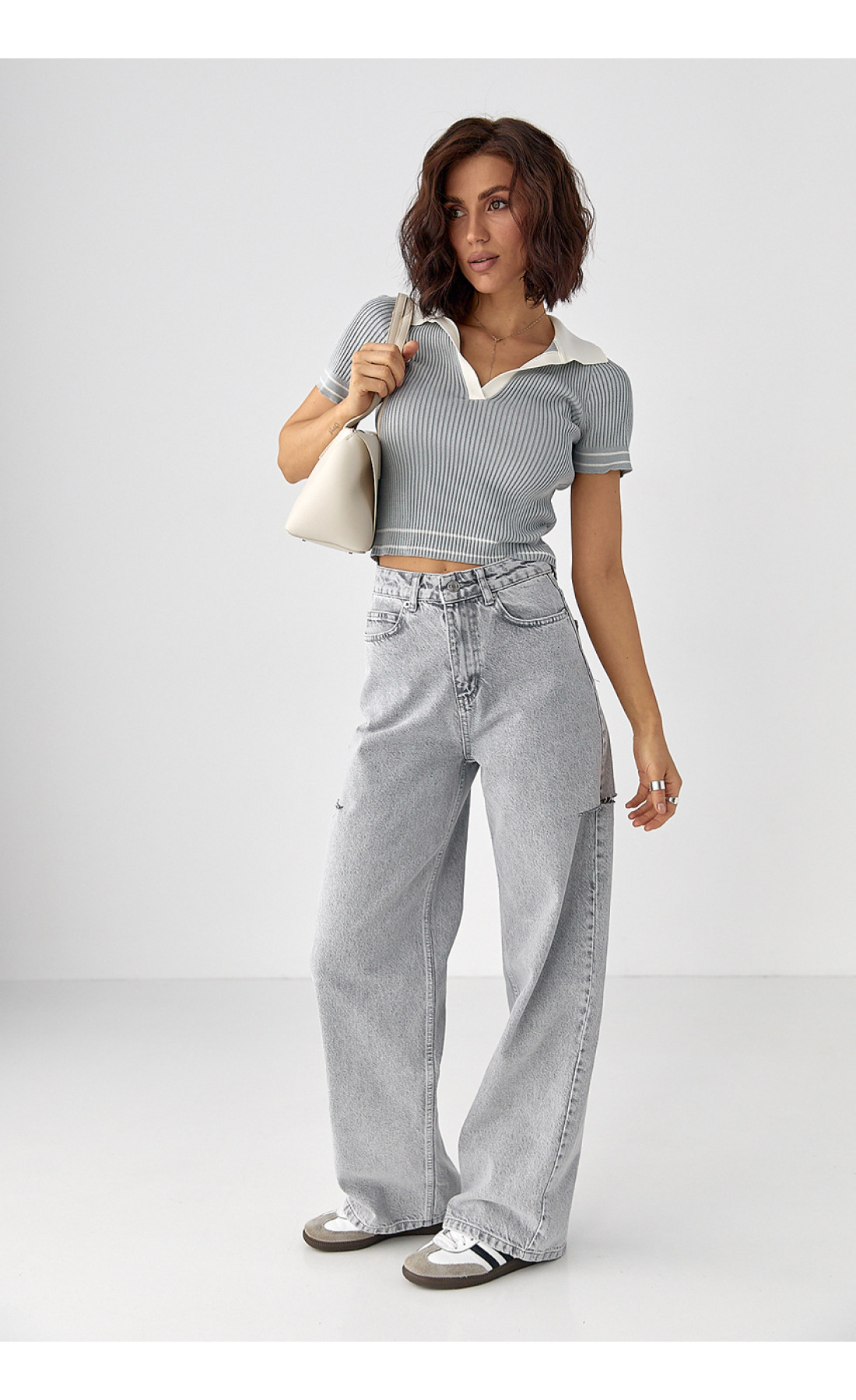 Джинси  Wide Leg  з розрізами на стегнах  сірий колір