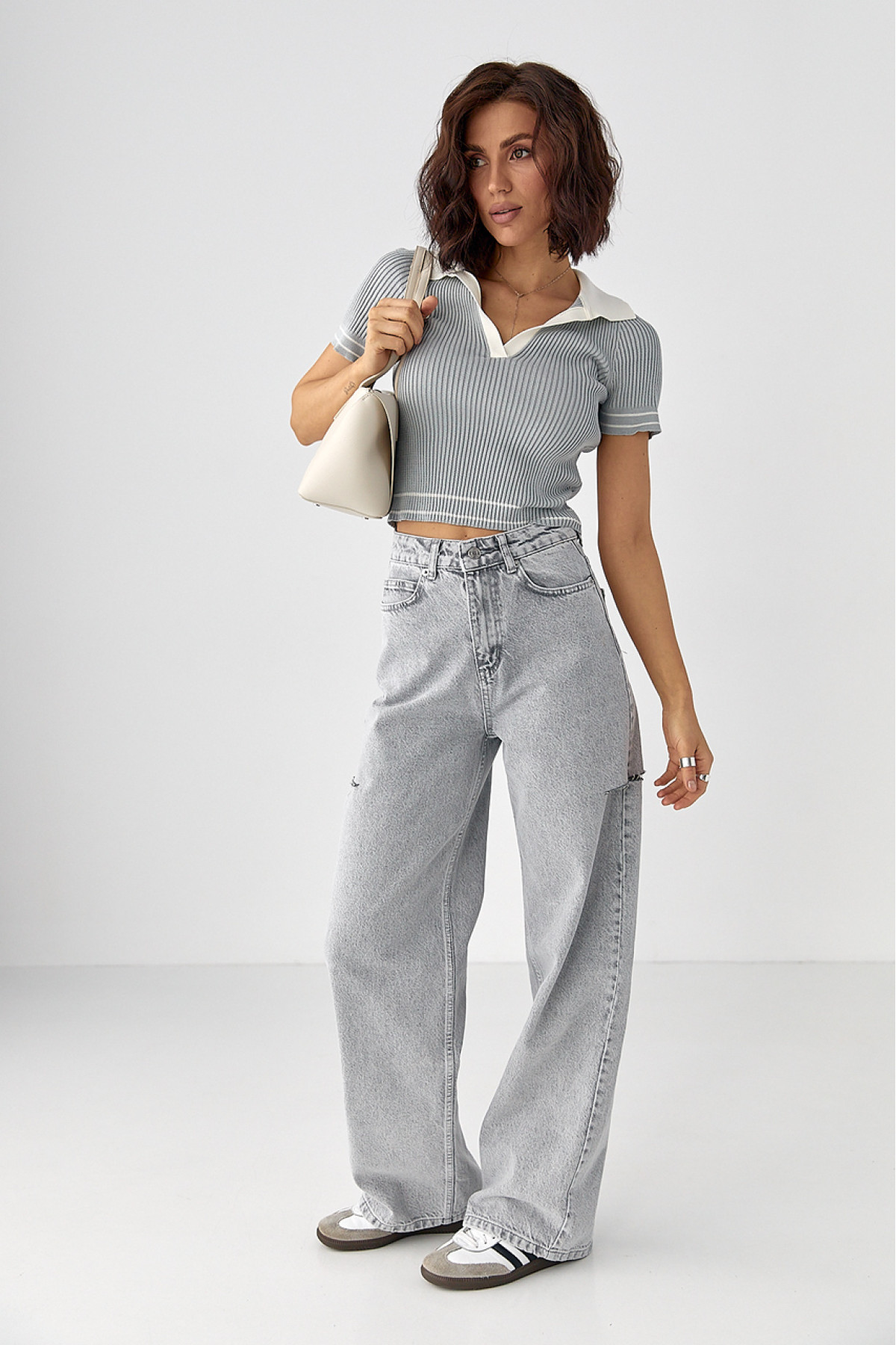 Джинси  Wide Leg  з розрізами на стегнах  сірий колір