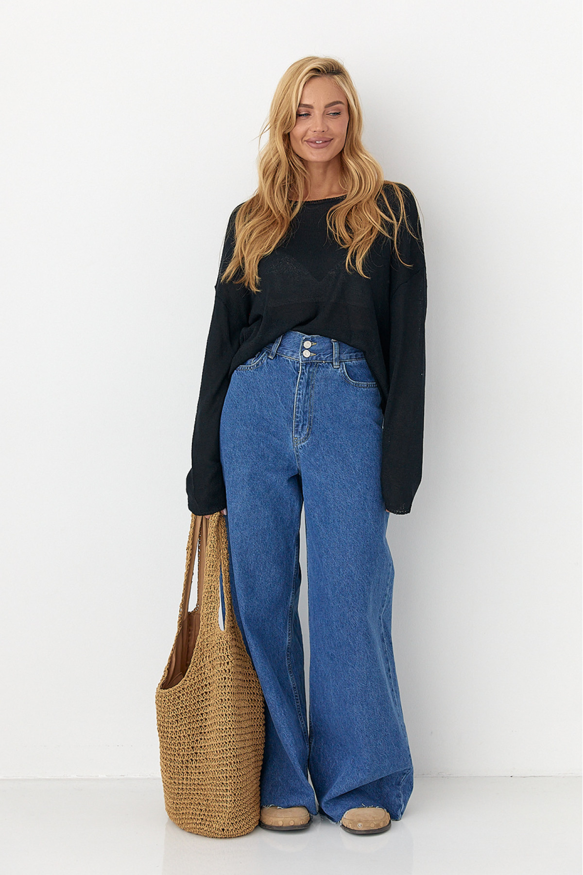 Широкі жіночі джинси Palazzo з необробленим низом  синій колір