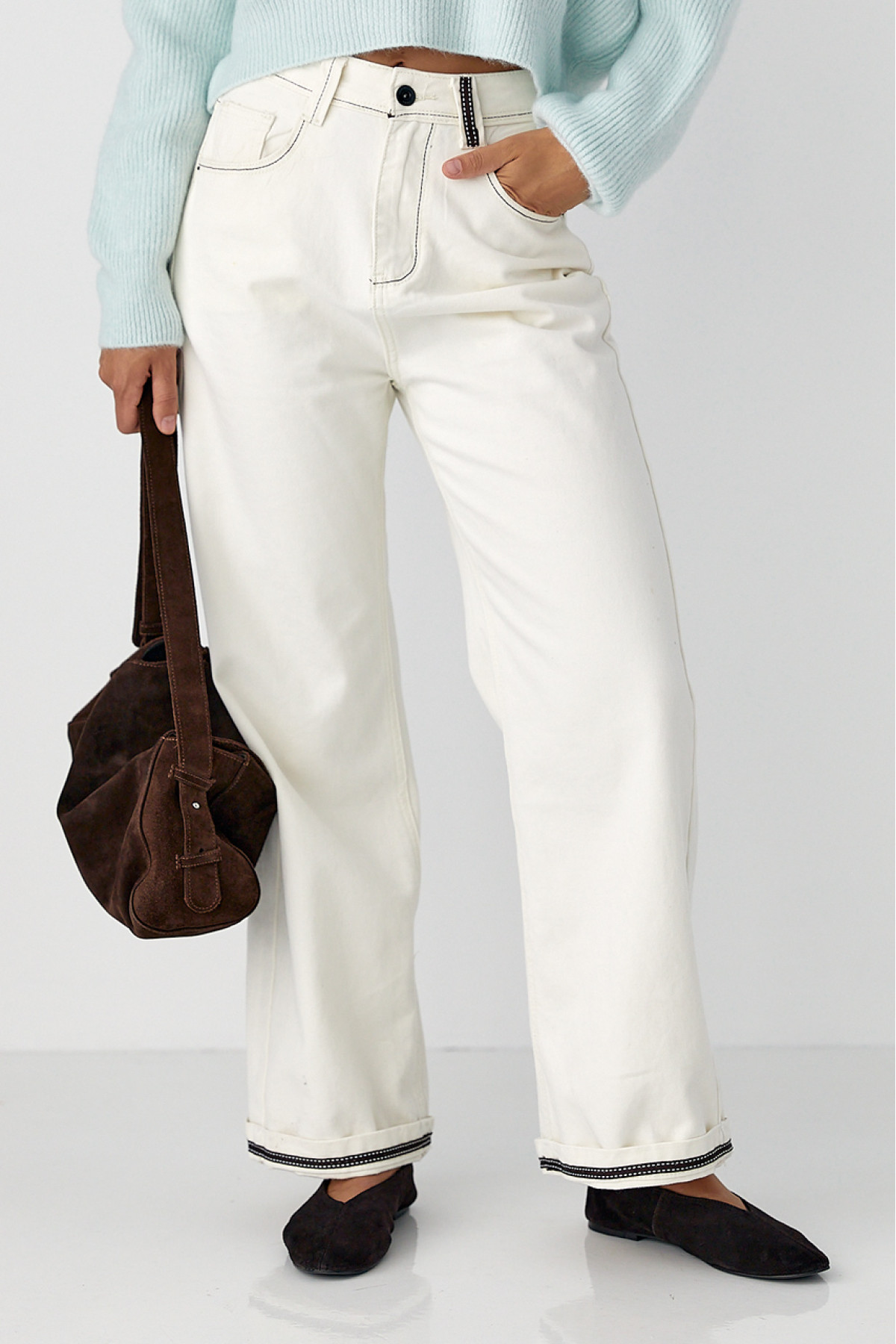 Жіночі жіночі джинсикюлоти з контрастиними швами  молочний колір