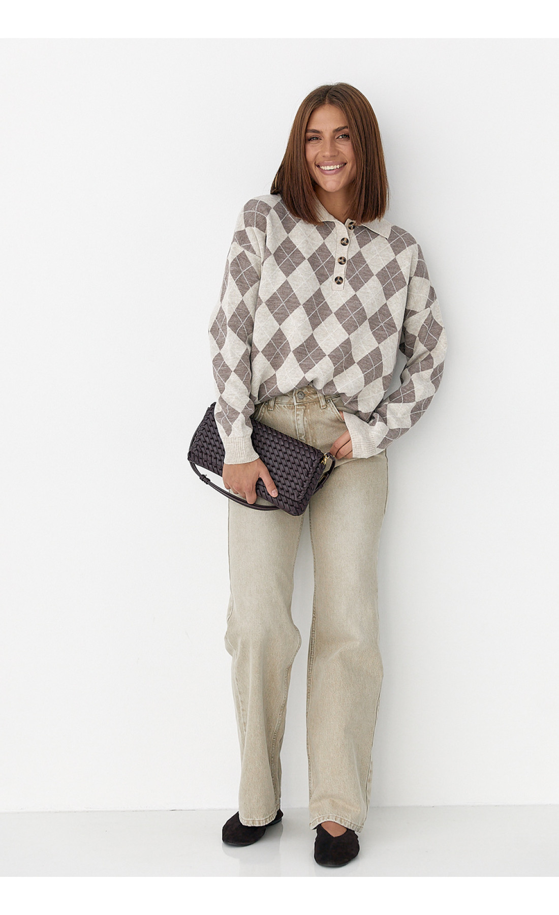 Широкі прямі жіночі джинси з високою посадкою  бежевий колір