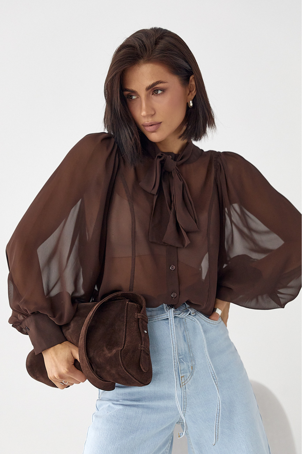 Прозора блуза з рукавамиліхтариками  коричневий колір