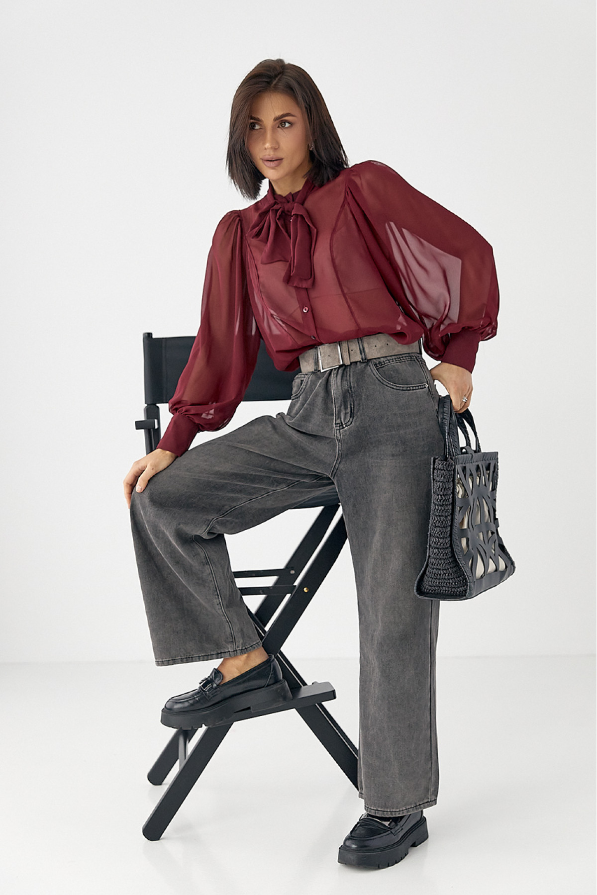 Прозора блуза з рукавамиліхтариками  бордо колір