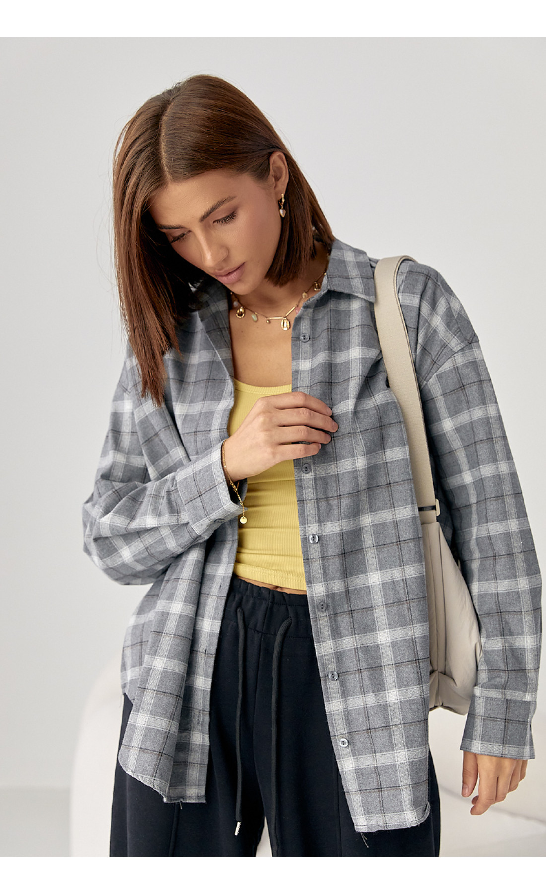 Клітчаста сорочка на ґудзиках із опущеними проймами  сірий колір