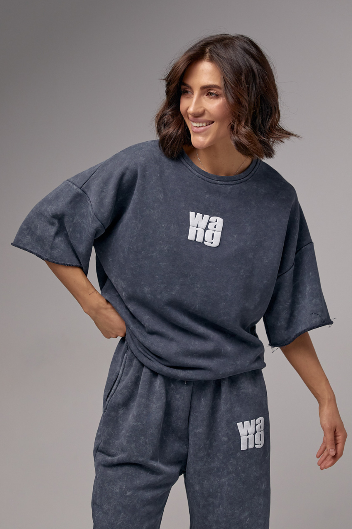 Спортивний костюм у техніці тайдай з принтом Wang  темносірий колір