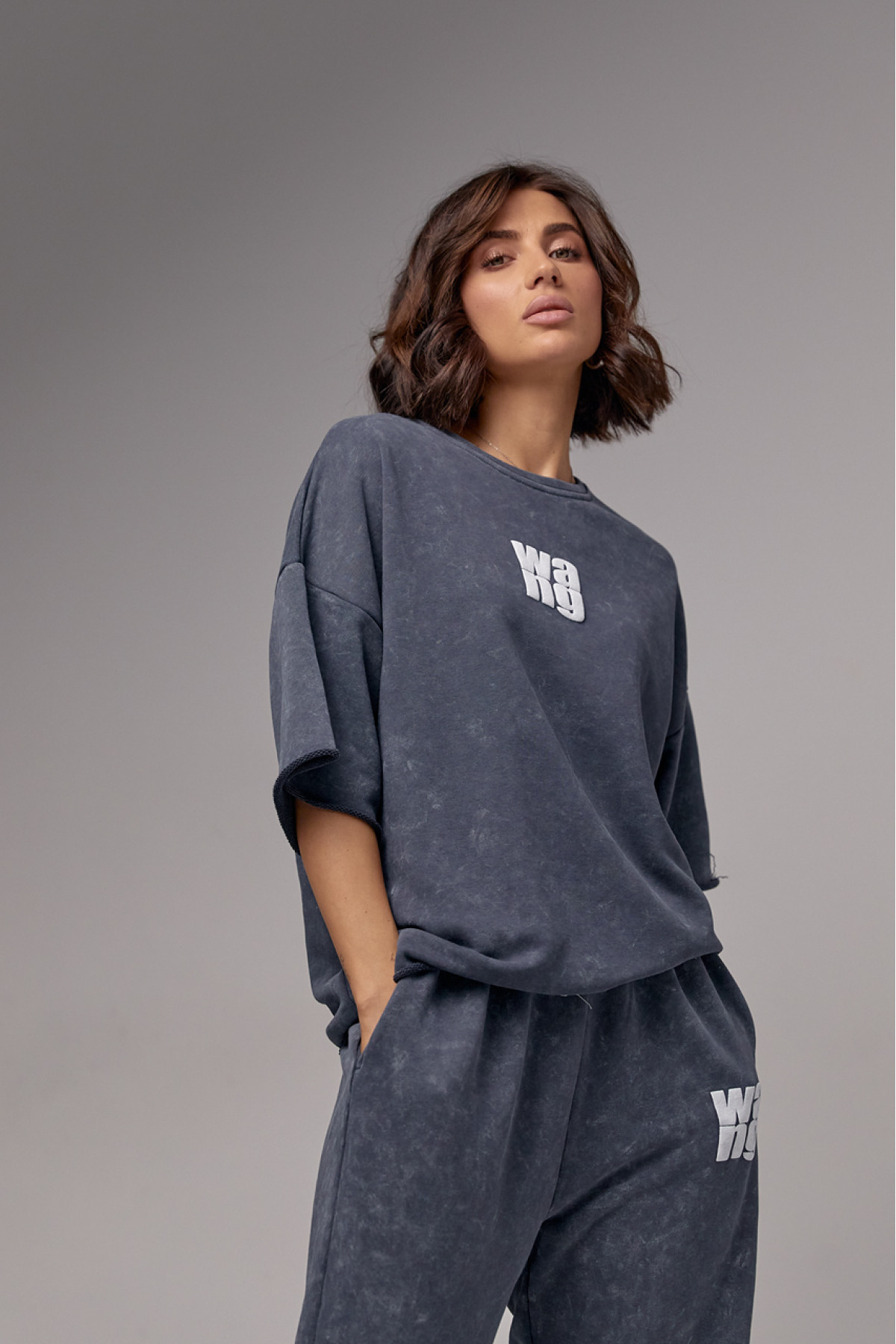 Спортивний костюм у техніці тайдай з принтом Wang  темносірий колір