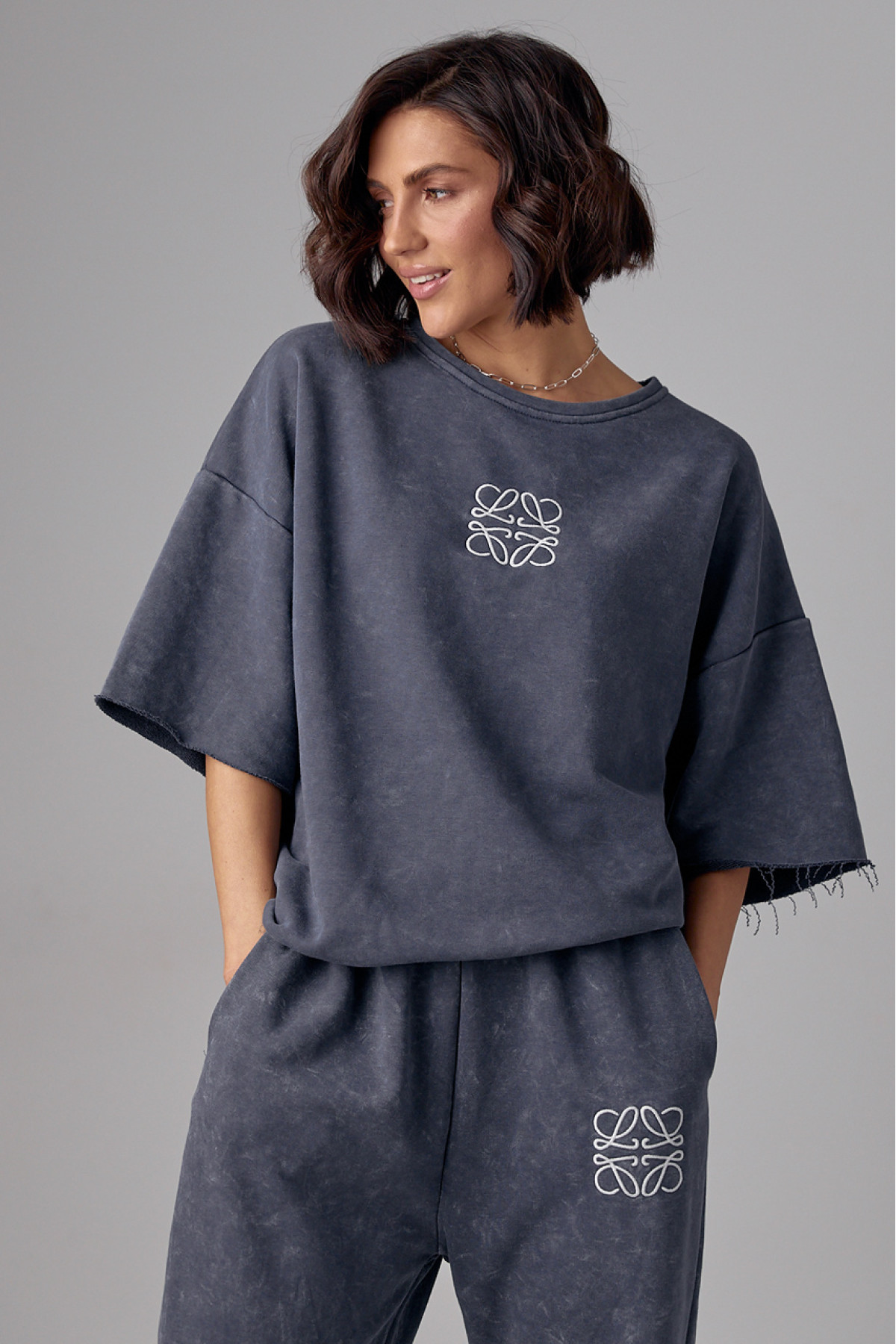 Спортивний костюм тайдай з вишивкою  сірий колір