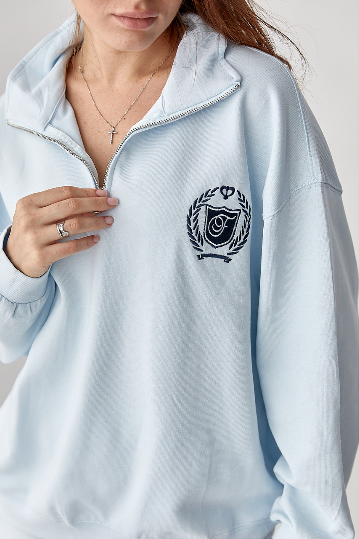 Вільний спортивний костюм зі світшотом на блискавці та прямими штанами  блакитний колір