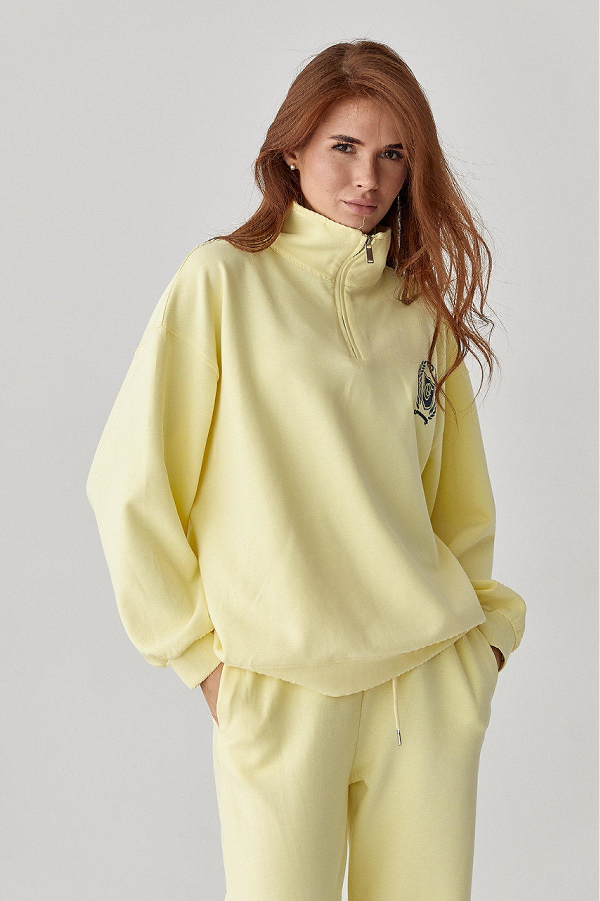 Вільний спортивний костюм зі світшотом на блискавці та прямими штанами  лимонний колір
