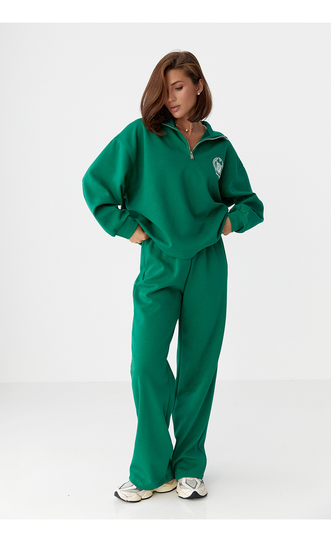 Бавовняний спортивний костюм із худі на блискавці  зелений колір