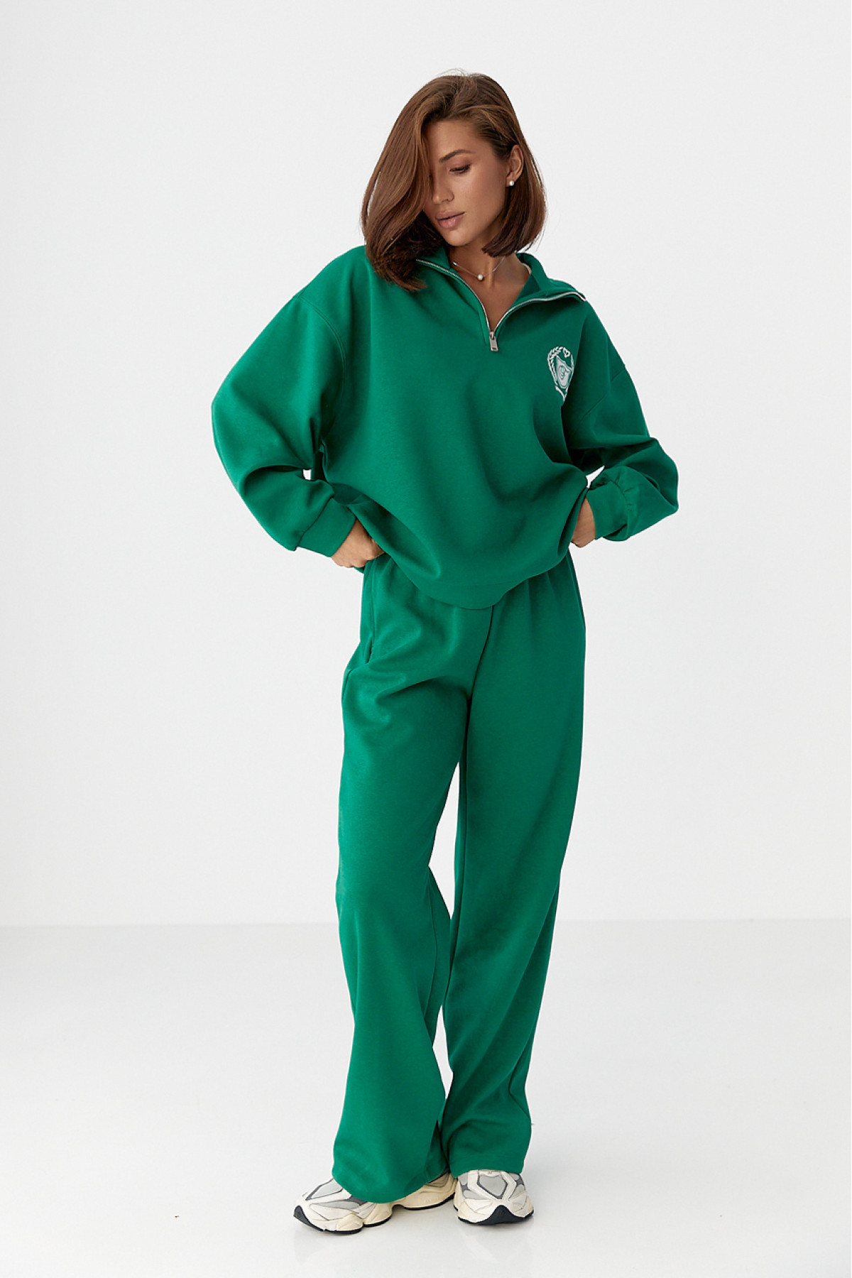Бавовняний спортивний костюм із худі на блискавці  зелений колір
