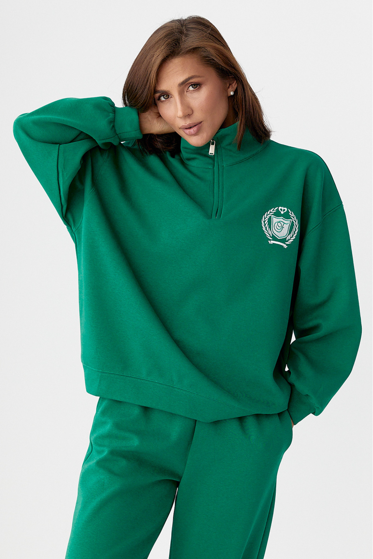 Бавовняний спортивний костюм із худі на блискавці  зелений колір