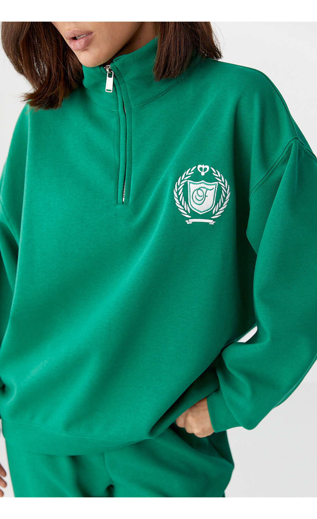 Бавовняний спортивний костюм із худі на блискавці  зелений колір