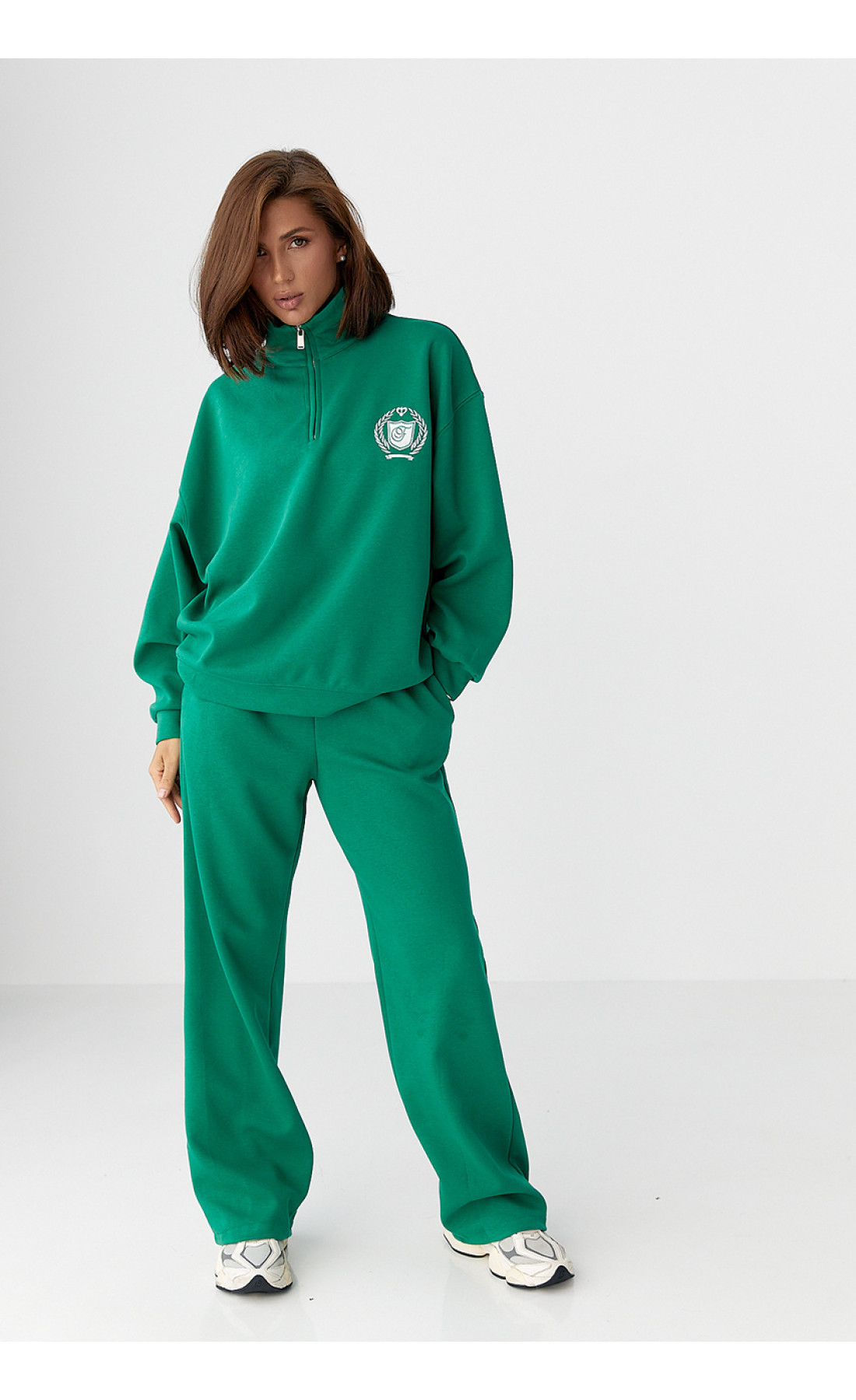 Бавовняний спортивний костюм із худі на блискавці  зелений колір