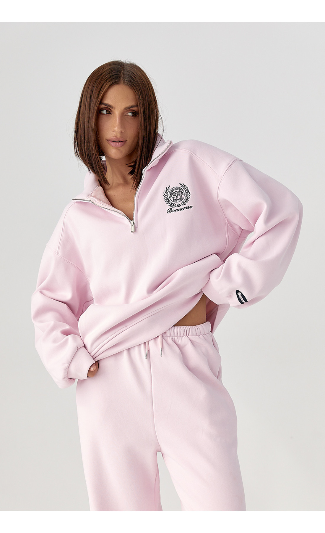 Теплий костюм з прямими штанами та світшотом на блискавці  рожевий колір