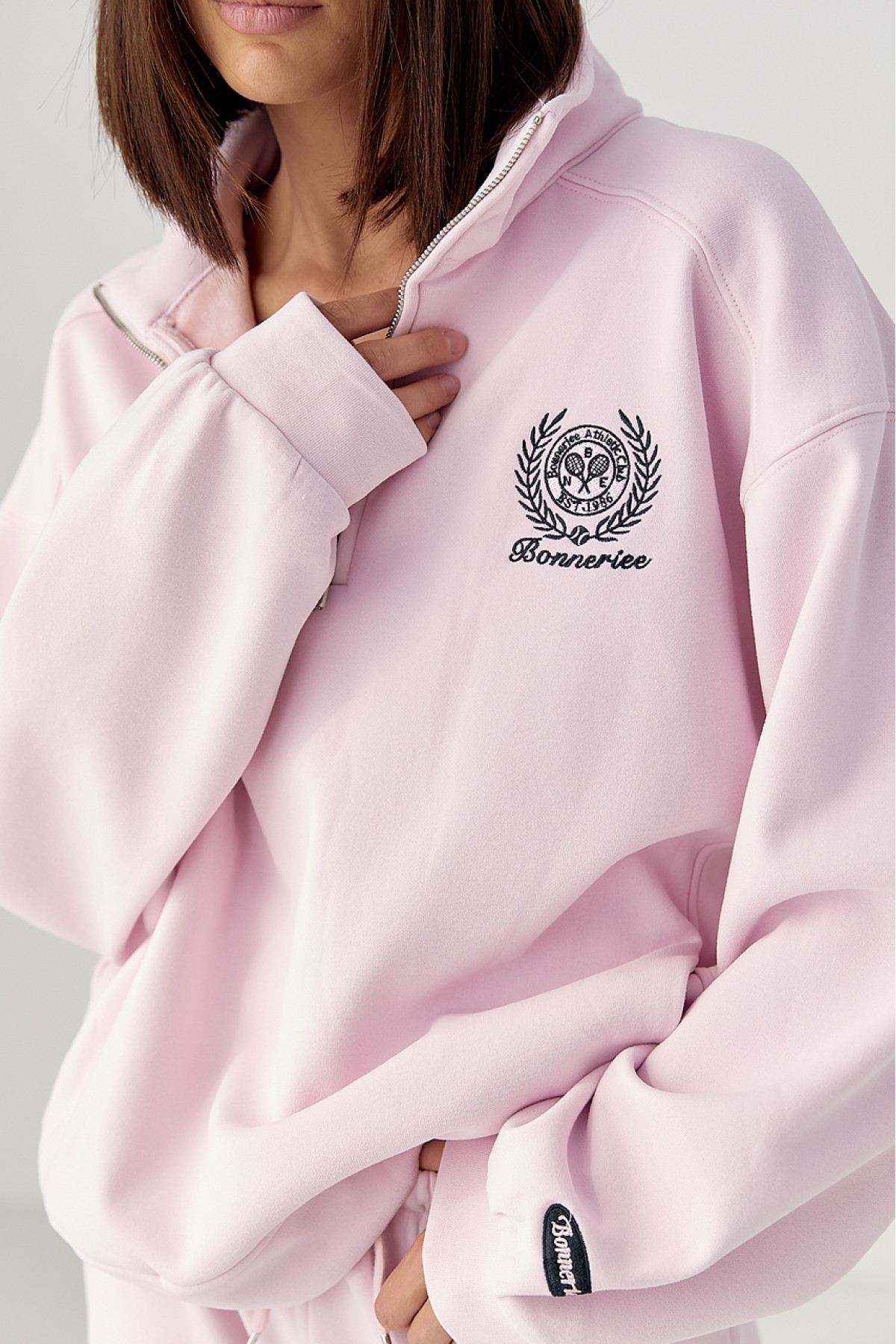 Теплий костюм з прямими штанами та світшотом на блискавці  рожевий колір