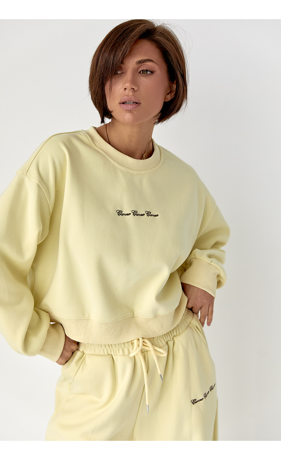 Спортивний костюм із плюшевим начосом з коротким світшотом та штанами палаццо  лимонний колір