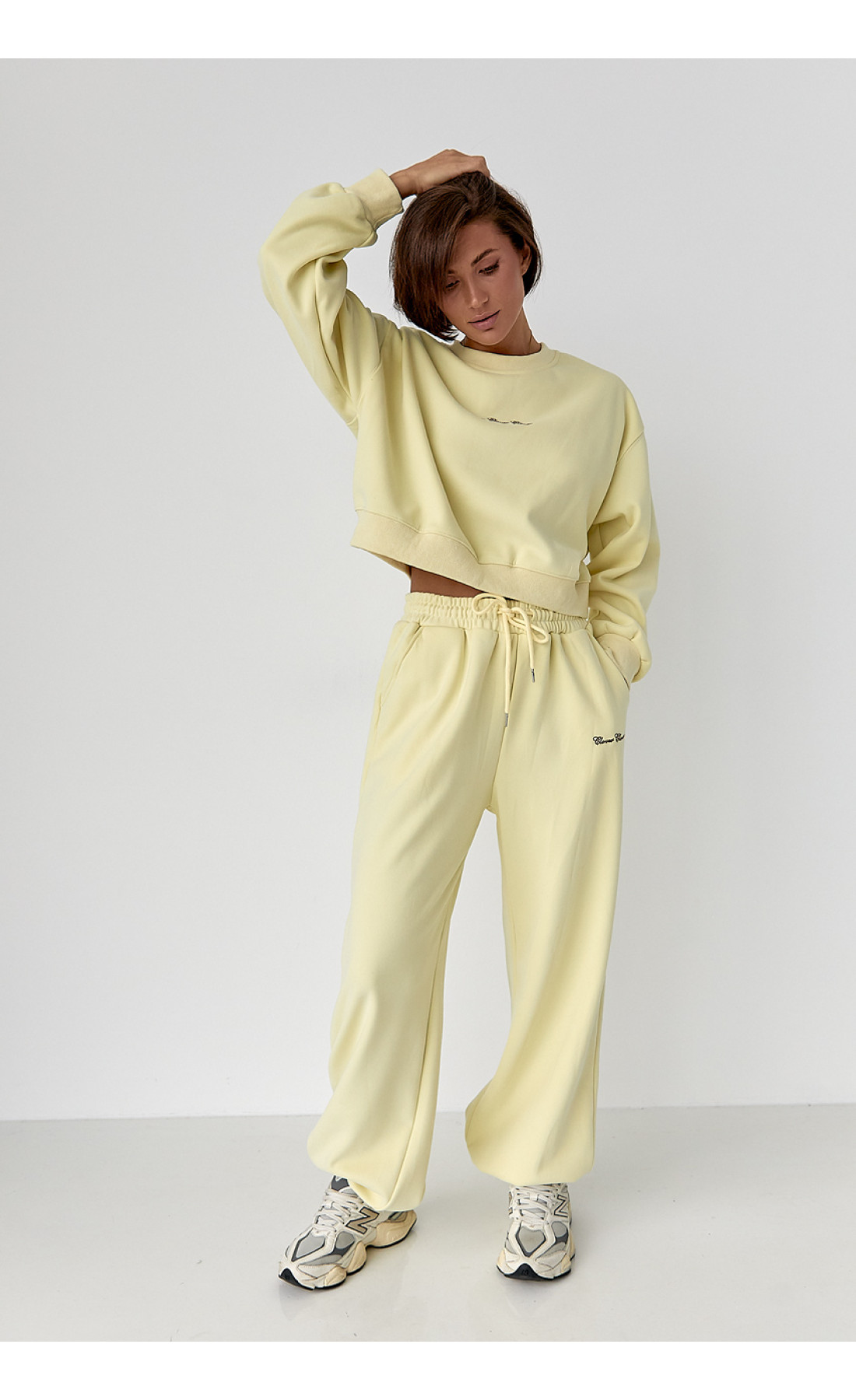 Спортивний костюм із плюшевим начосом з коротким світшотом та штанами палаццо  лимонний колір