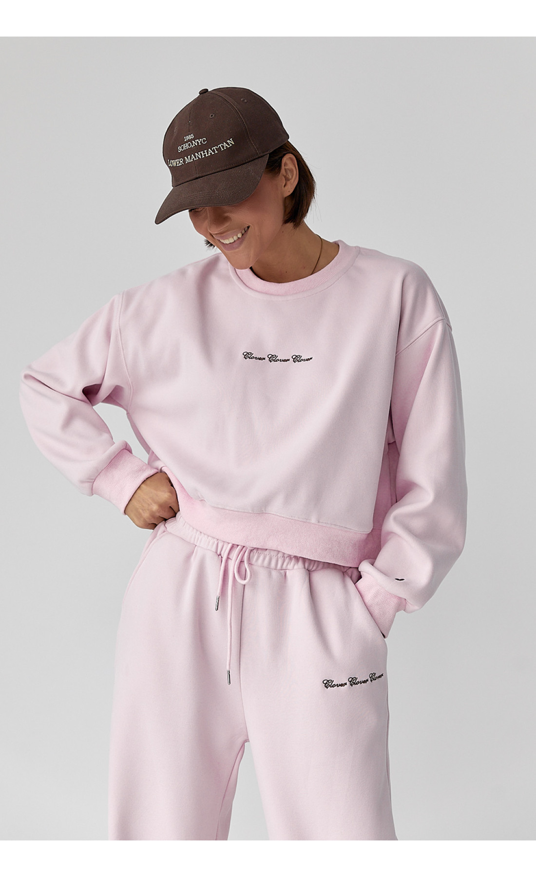 Спортивний костюм із плюшевим начосом з коротким світшотом та штанами палаццо  пудра колір