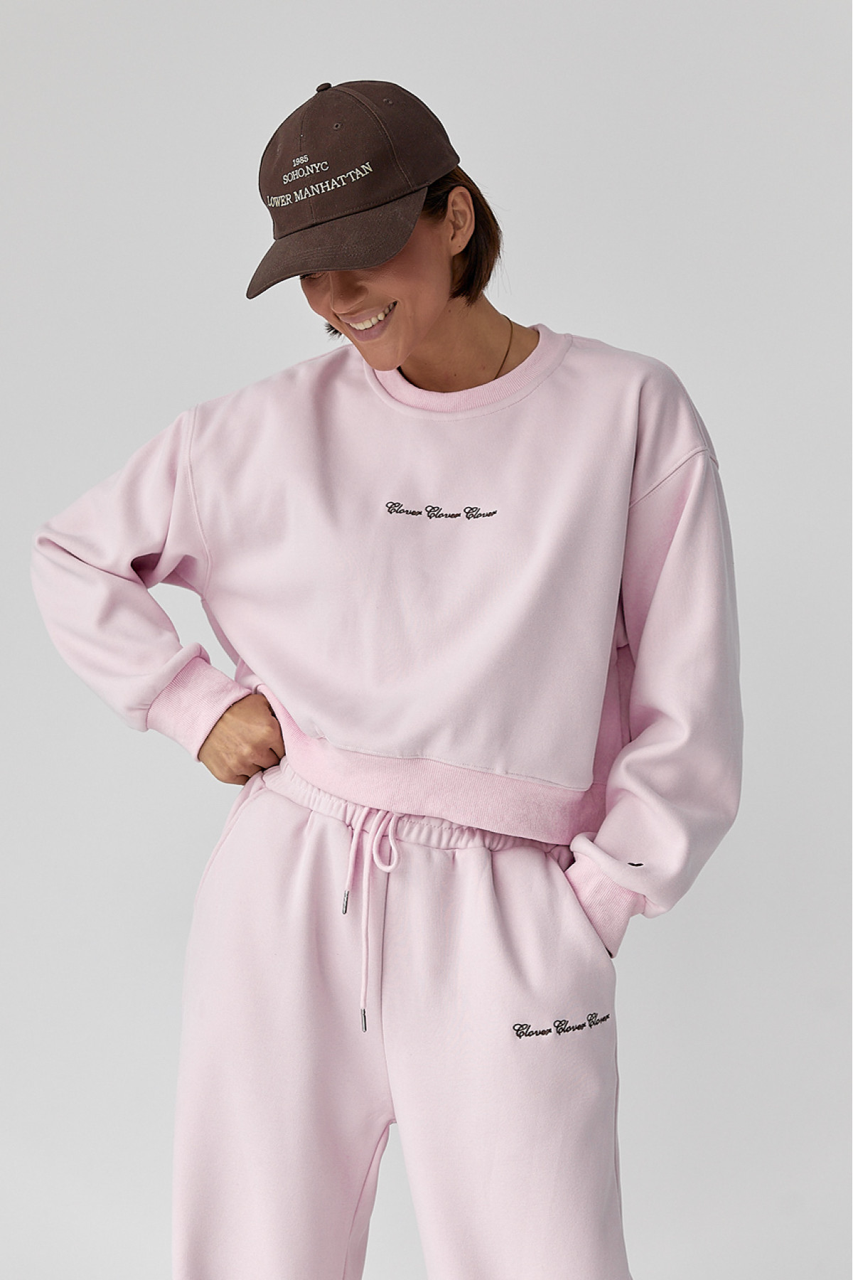 Спортивний костюм із плюшевим начосом з коротким світшотом та штанами палаццо  пудра колір