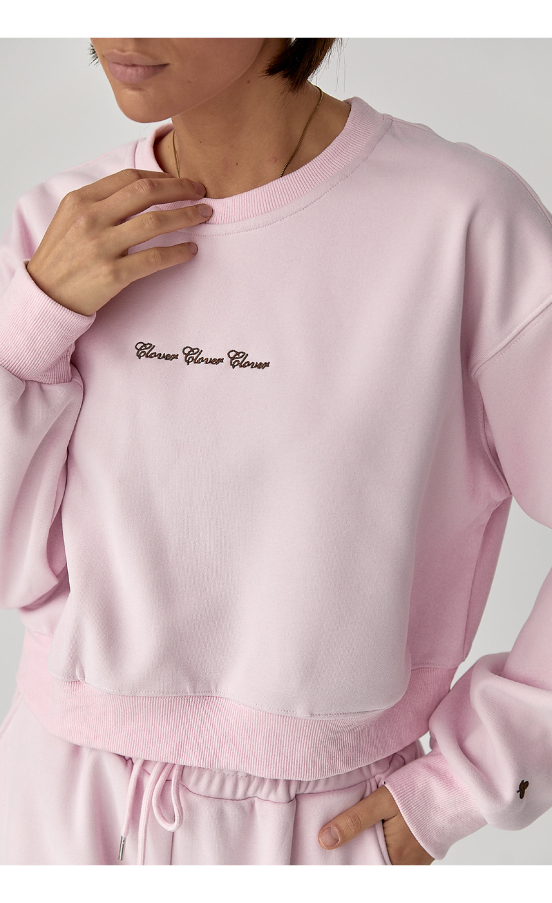 Спортивний костюм із плюшевим начосом з коротким світшотом та штанами палаццо  пудра колір