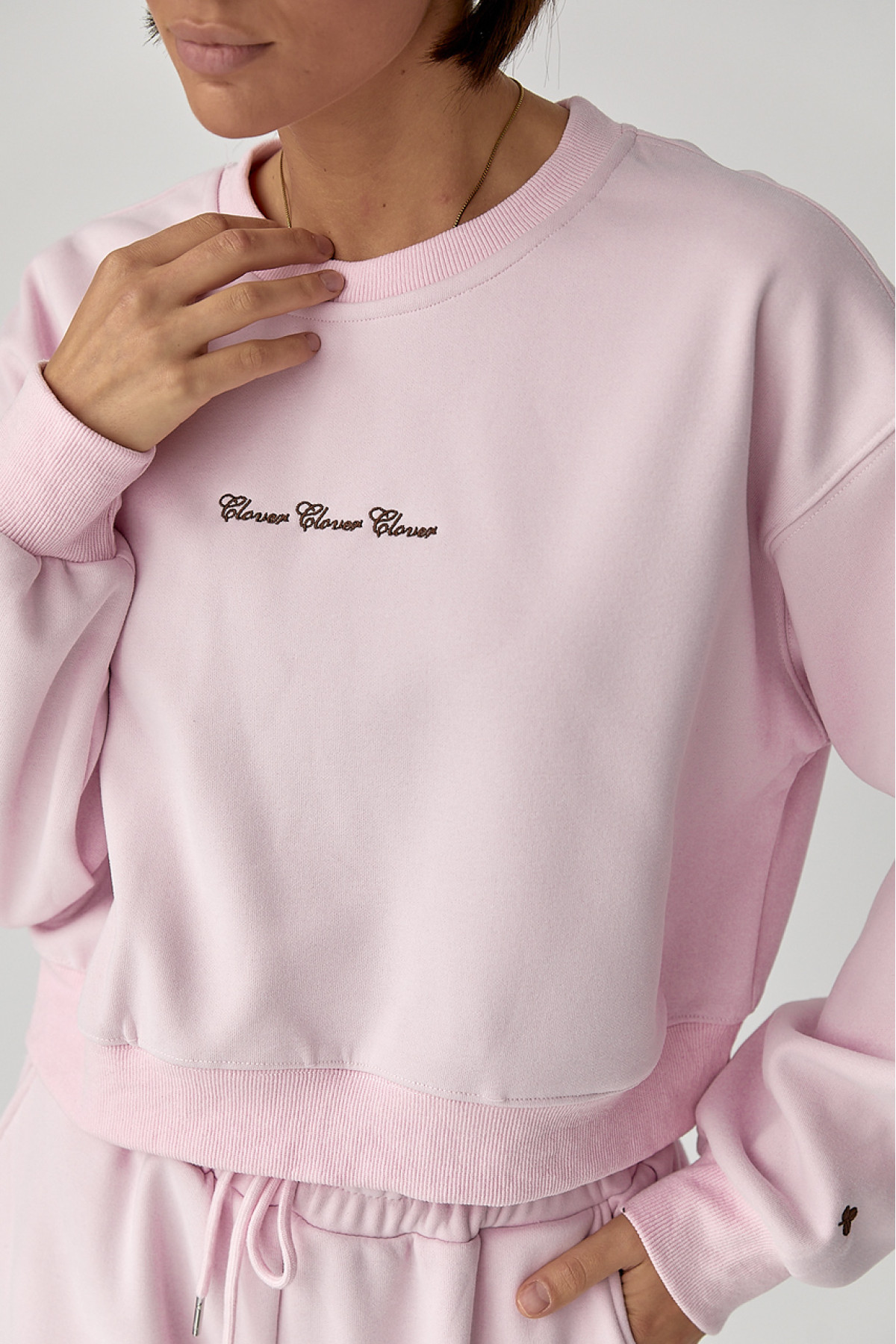 Спортивний костюм із плюшевим начосом з коротким світшотом та штанами палаццо  пудра колір