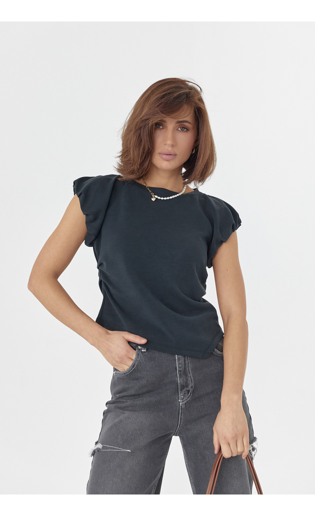 Жіноча футболка з пишними рукавами  темносиній колір