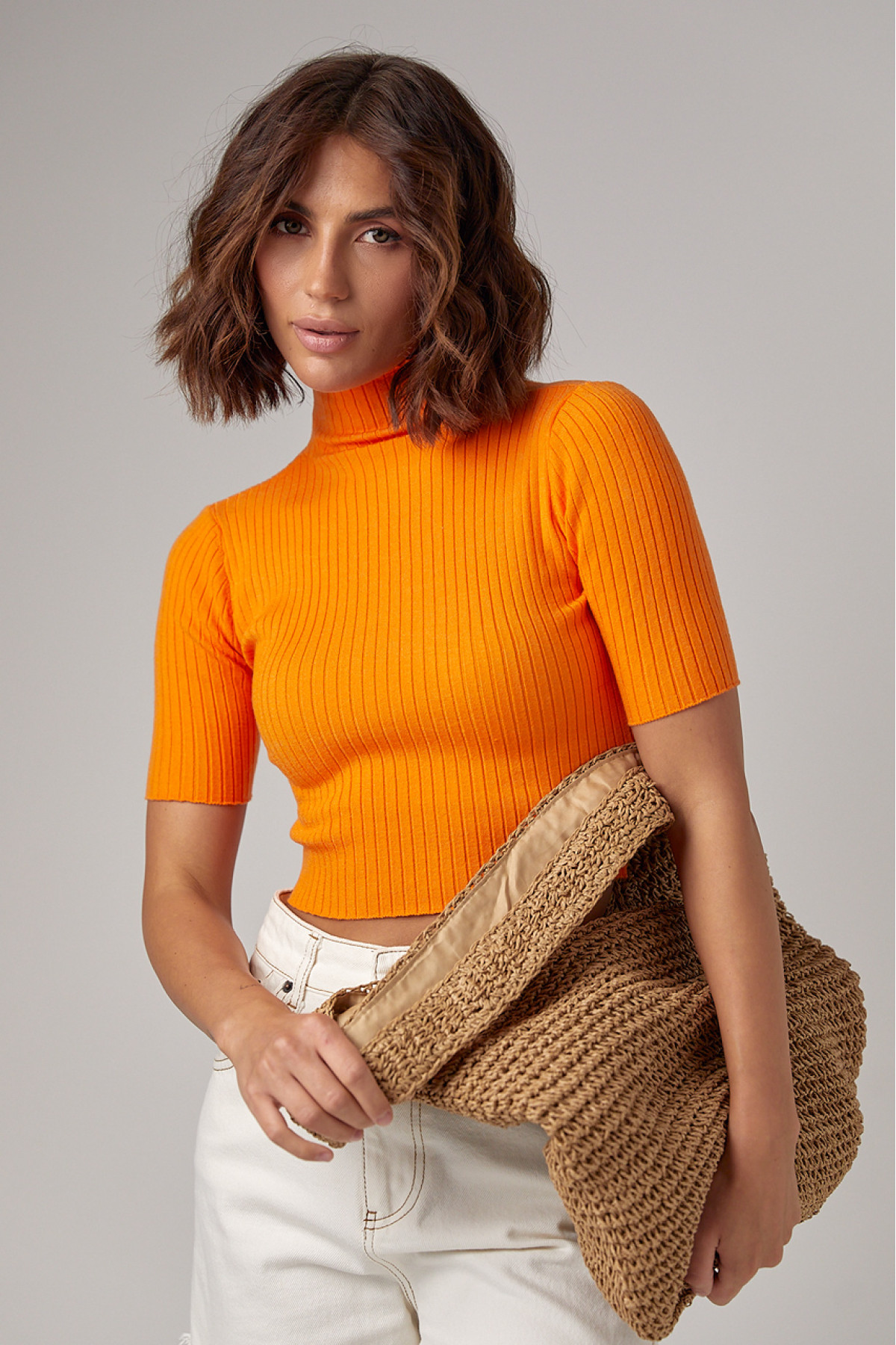 Жіноча вкорочена водолазка з коротким рукавом  помаранчевий колір