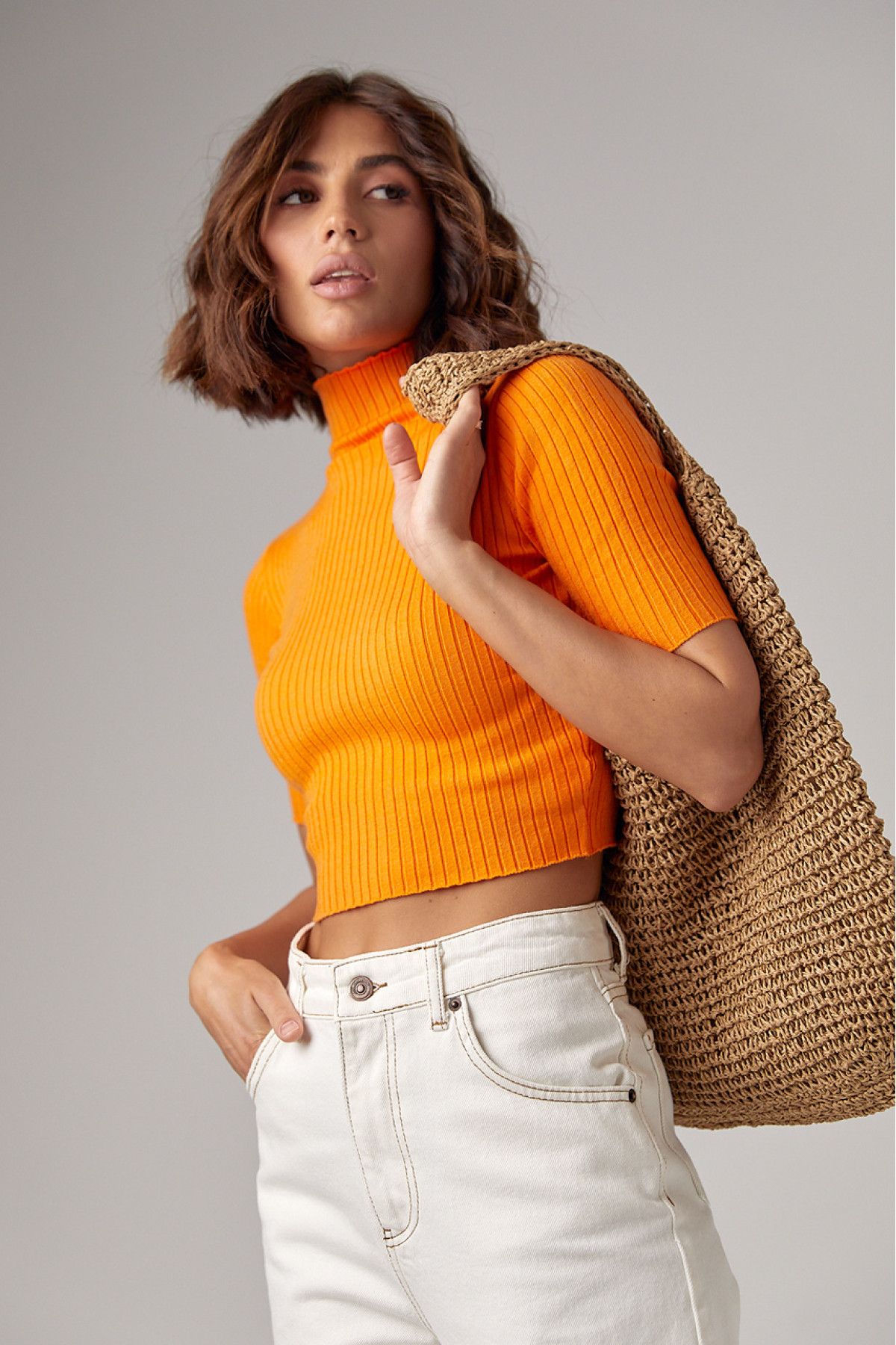 Жіноча вкорочена водолазка з коротким рукавом  помаранчевий колір