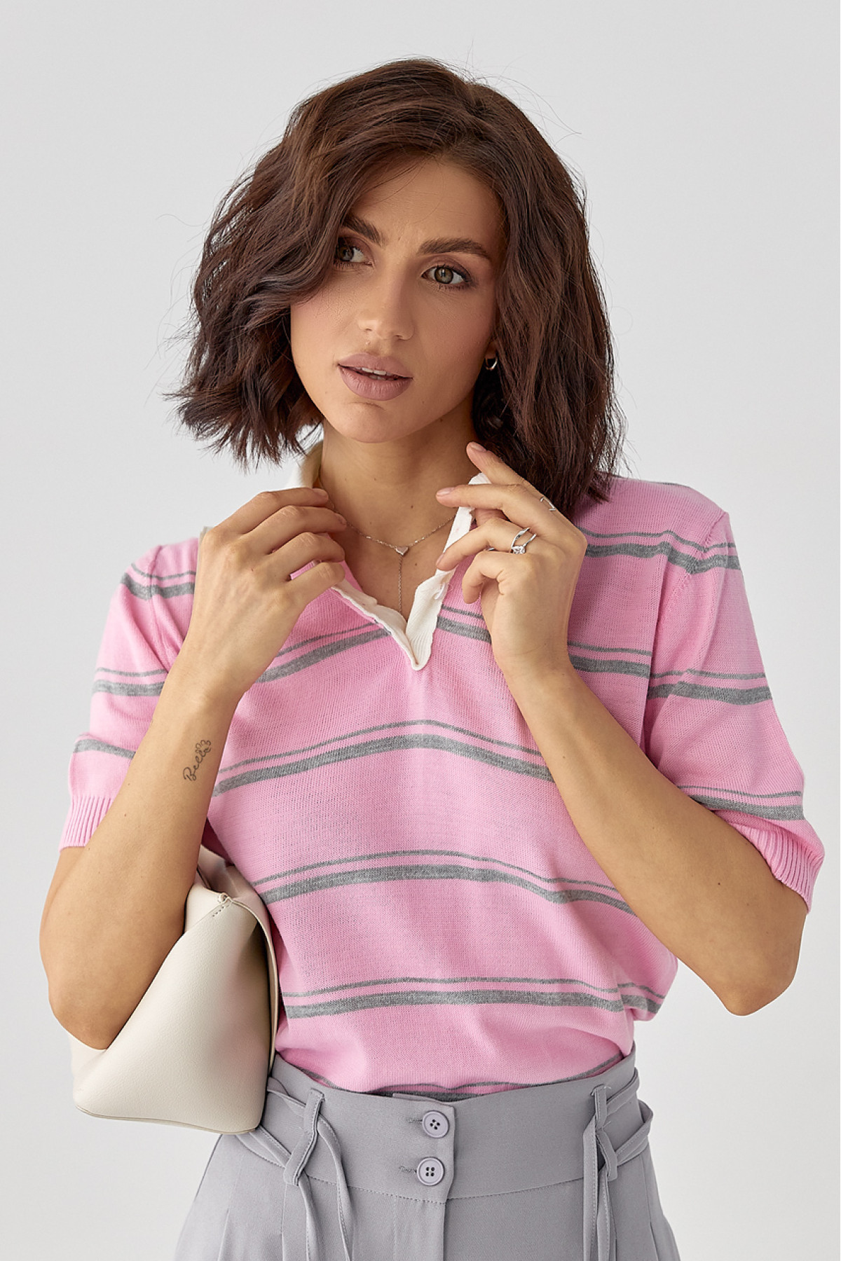 В'язане поло в смужку  рожевий колір